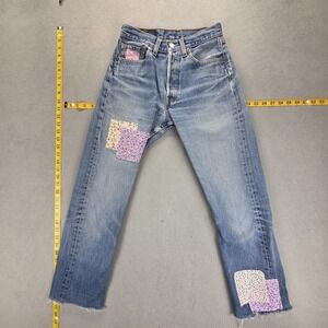 VTG Levis 501 Jeans Womens Blue Straight Floral Patch USA Raw Hem Fits 24x26